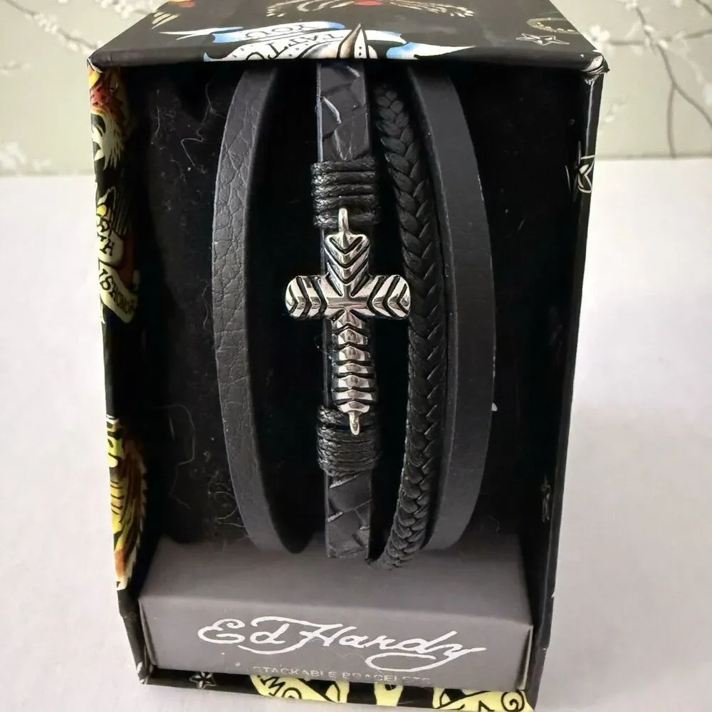 Ed Hardy Cross Stainless Steel Men’s Stackable Bracelet Set Antique Silver Tone